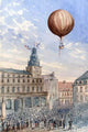 Balloon Adventure Over Town Square Poster Print featuring a hot air balloon with spectators below.