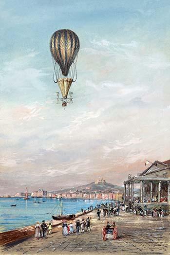 Balloon with parachute and propellers flying over a town harbor poster print.