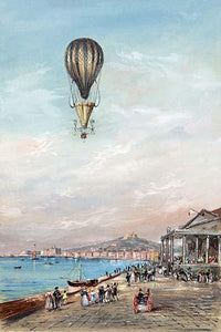 Balloon with parachute and propellers flying over a town harbor poster print.