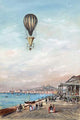 Balloon with parachute and propellers flying over a town harbor poster print.
