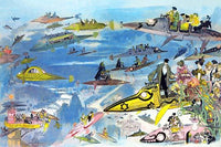 Futuristic view of air travel over Paris with various aircraft.