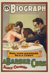 "A Barber Cure" Silent Era Film Poster Print featuring a woman whispering to a man.