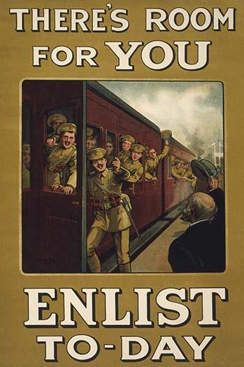 Poster print of soldiers boarding a train, a historical scene.