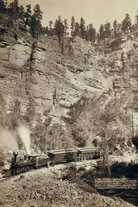 Two-car train poster print with passengers in front of a steep cliff.