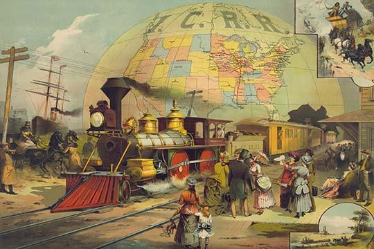 Well-dressed passengers waiting at the Illinois Central Railroad station poster print.