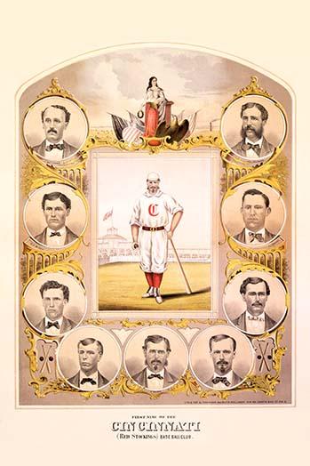 Team Portraits Poster Print featuring individual player portraits and a uniformed player with a bat.