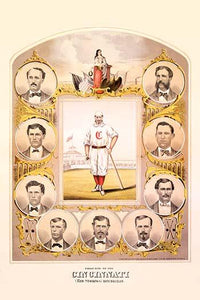Team Portraits Poster Print featuring individual player portraits and a uniformed player with a bat.