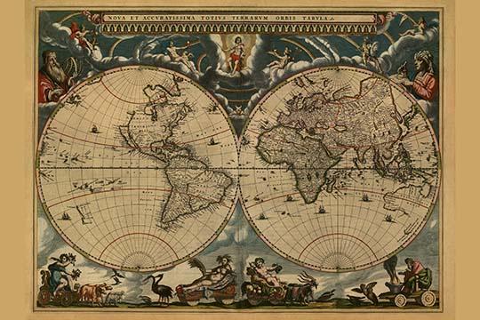 Two Hemispheres Illustration Poster Print by J. Blaeu showcasing intricate world design.