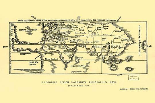 Early World Map by Gregor Reisch dating from 1525, detailed poster print