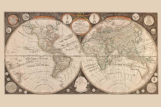 A New Map of the World Poster Print by Thomas Kitchen, showcasing celestial elements and discoveries.
