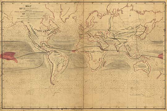 Map of the World showing wind patterns and circumnavigation routes Poster Print by Captain Charles Wilkes
