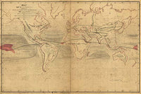 Map of the World showing wind patterns and circumnavigation routes Poster Print by Captain Charles Wilkes