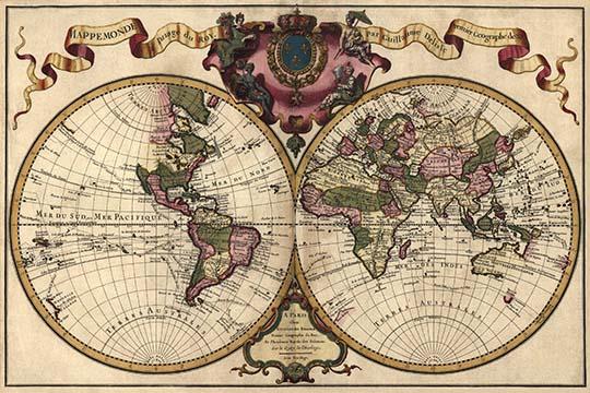 Two Spheres in Circles with Ribbon Flourish Poster Print by Guillaume de L'Isle