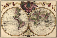 Two Spheres in Circles with Ribbon Flourish Poster Print by Guillaume de L'Isle