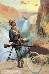 Sunset in Yellowstone Park with Cowboy Soldier and Bicycle Poster Print