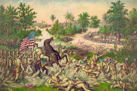 Battle scene poster print featuring American troops advancing against Filipino troops.