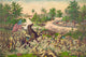 Battle scene poster print featuring American troops advancing against Filipino troops.