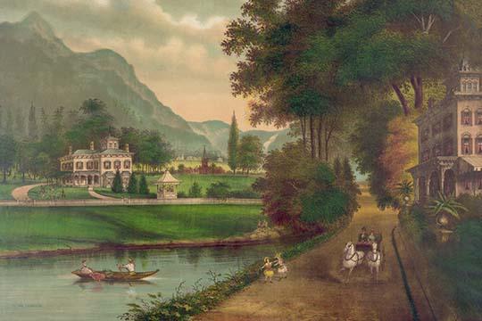 Scenic view of Catskill Mountains with hotel, gazebo, and couples enjoying the outdoors.