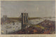 Grand birds-eye view poster of the Great East River Suspension Bridge connecting New York and Brooklyn.