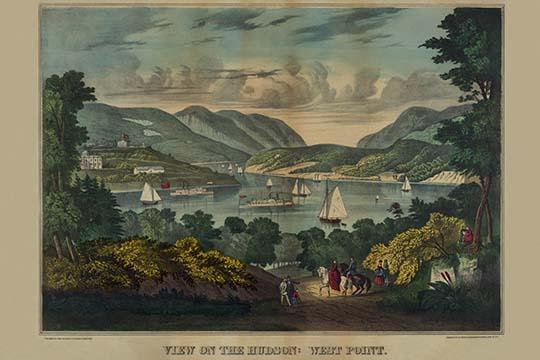 Steamboats and sailboats on the Hudson River with West Point in the background.