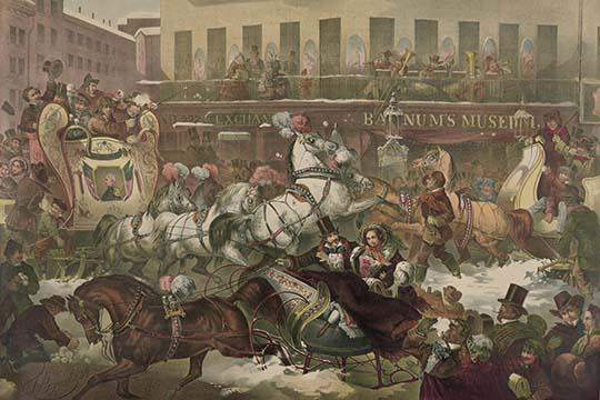 Crowded street scene with sleighs in front of Barnum's Museum, New York City poster print.