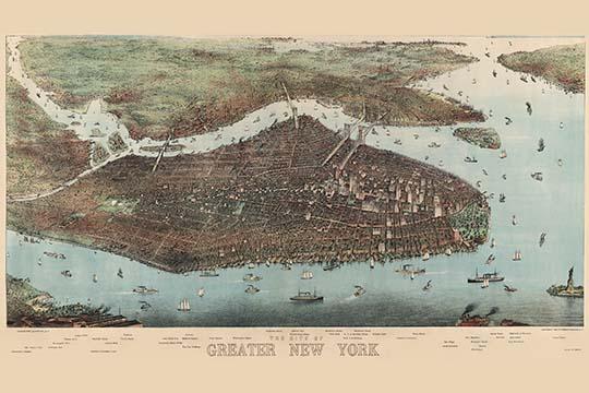 Bird's-eye view of Greater New York City with Battery Park and surrounding boroughs.