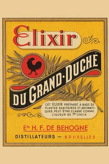 Belgian Medicinal Liquor Label Poster Print featuring a Dutchman with a glass of liquor, windmill and sailboat background.