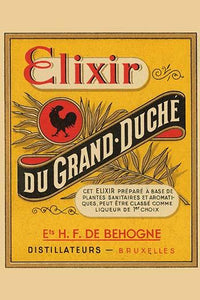 Belgian Medicinal Liquor Label Poster Print featuring a Dutchman with a glass of liquor, windmill and sailboat background.