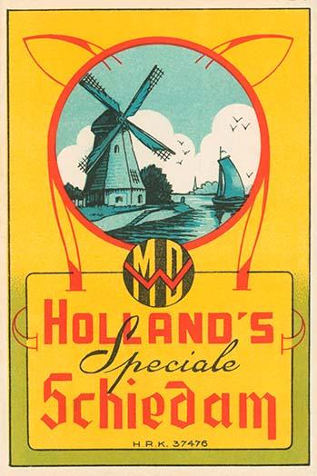 Early Dutch liquor label poster print featuring a windmill and sailboat.