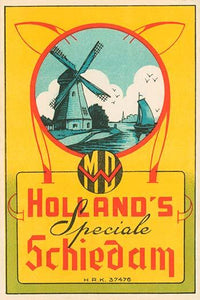 Early Dutch liquor label poster print featuring a windmill and sailboat.