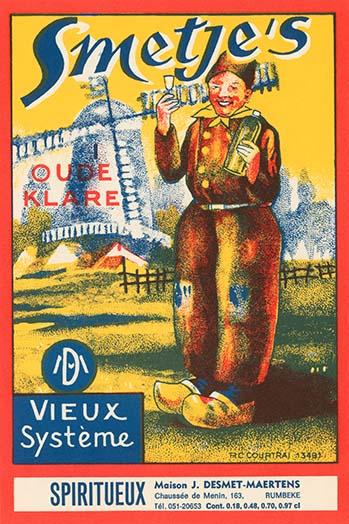 Traditional Dutch Jenever liquor label poster print featuring a man in traditional attire in front of a windmill.