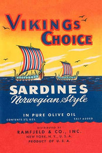 Vikings Choice Sardines in Olive Oil Poster Print showcasing vintage can label design.