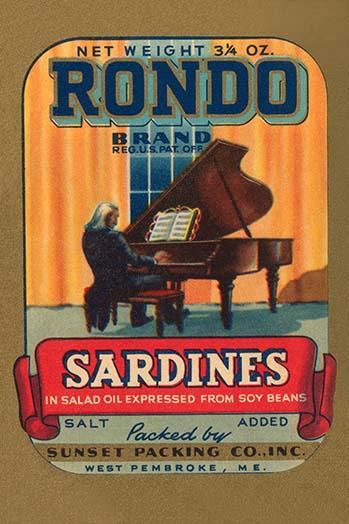 Rondo Brand Sardines Can Label Poster Print featuring a musician playing piano.