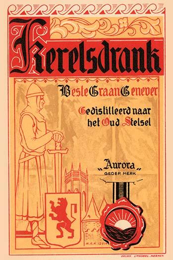 Jenever liquor label art print featuring knight and lion crest