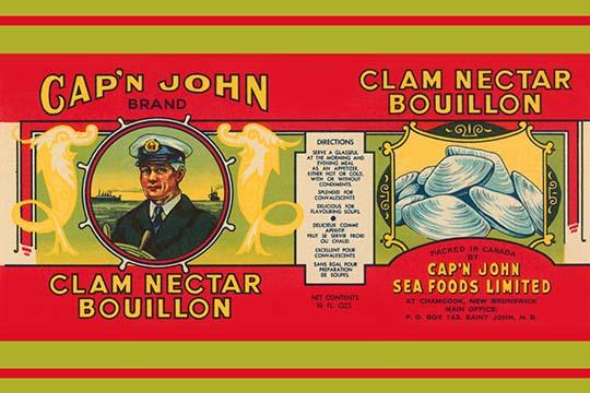 Captain John Brand Clam Nectar Bouillon Can Label Poster Print featuring vibrant colors and vintage design.