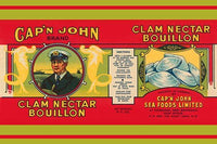 Captain John Brand Clam Nectar Bouillon Can Label Poster Print featuring vibrant colors and vintage design.