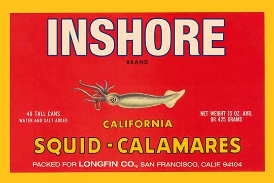 Vintage squid crate label poster print showcasing seafood packaging