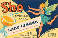 She Brand Baby Ginger sparkling drink poster print featuring a pixie illustration.