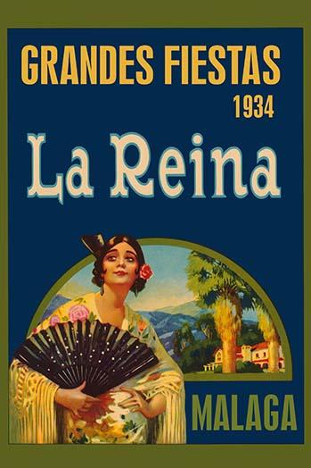 1934 Malaga Festival Poster Print by Sara Pierce, colorful vintage artwork.