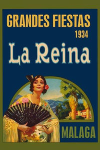 1934 Malaga Festival Poster Print by Sara Pierce, colorful vintage artwork.