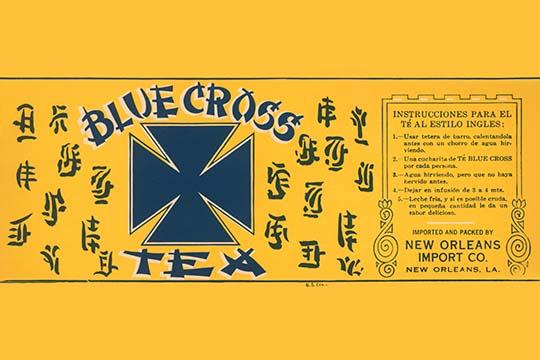 Blue Cross Tea Package Label Poster Print with Spanish and Chinese Calligraphy