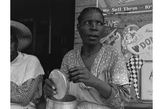 Peach Picker Poster Print by Dorothea Lange showcasing peach picking in Georgia