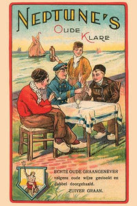 Vintage Jenever liquor poster print featuring a sea captain and friends at a seaside table.