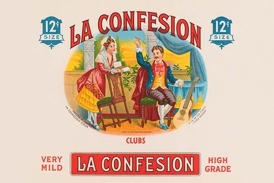 La Confession Clubs Cigar Box Label Poster Print featuring the phrase 'I confess it to be the finest I ever smoked'.