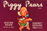 Charming pig crate label poster print featuring a pig carrying a basket of pears.