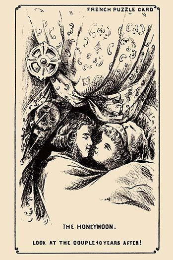Hidden Future Couples Puzzle Poster Print from a vintage trade card, showcasing a husband and wife.