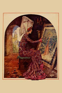 Medieval Girl Sews a Tapestry Poster Print