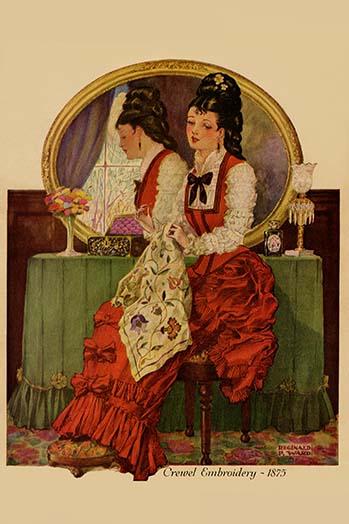 Young girl embroidering a patterned fabric poster print
