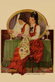 Young girl embroidering a patterned fabric poster print