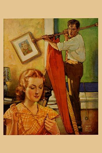Wife Sews While a Man Hangs a Picture art print by Home Arts.